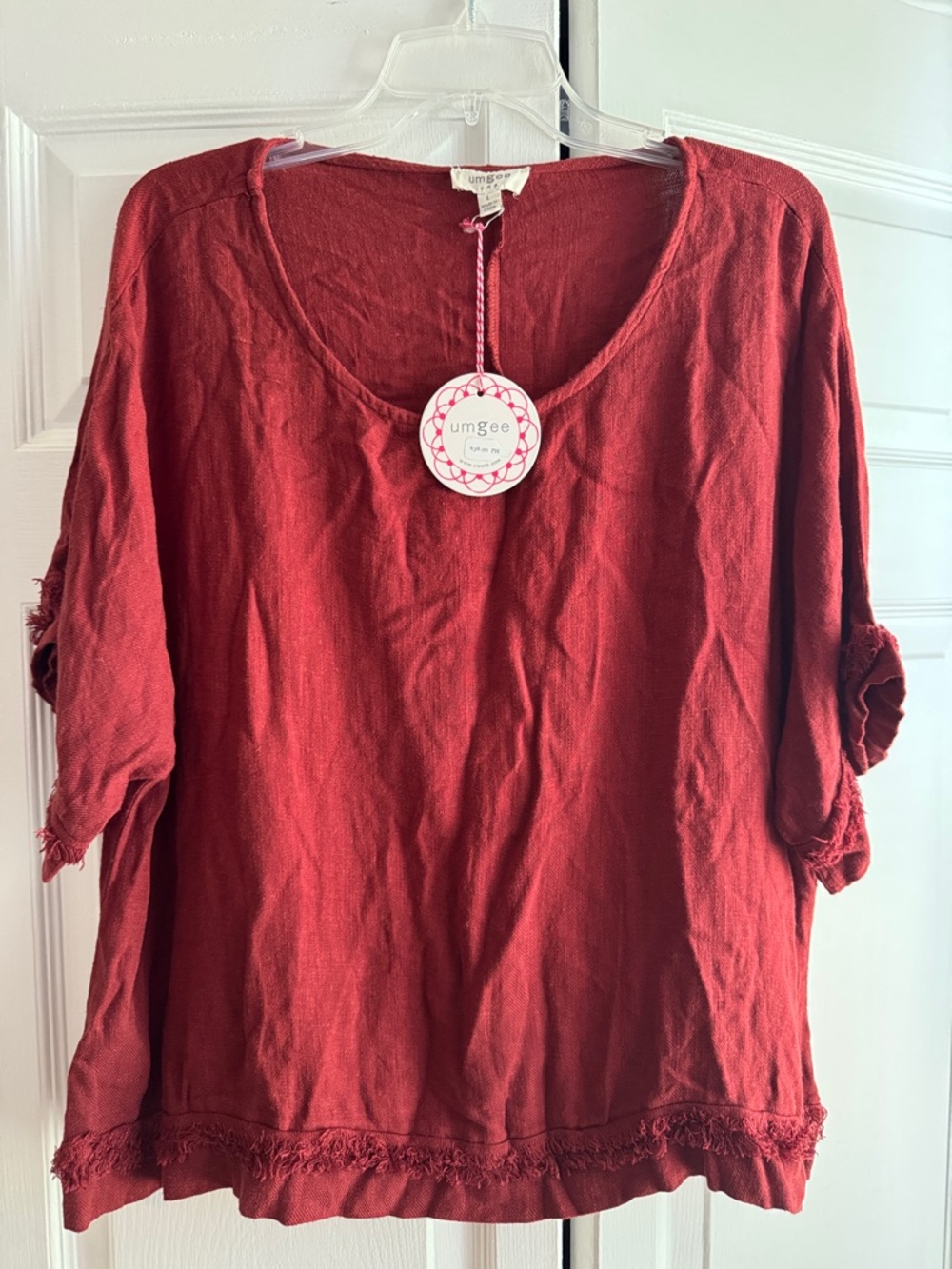 Umgee Burnt Red Scoop Neck Tunic with Roll-Tab Sleeves